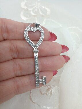 925 Sterling Silver Cubic Zirconia Heart Love Key Pendant 2.25"